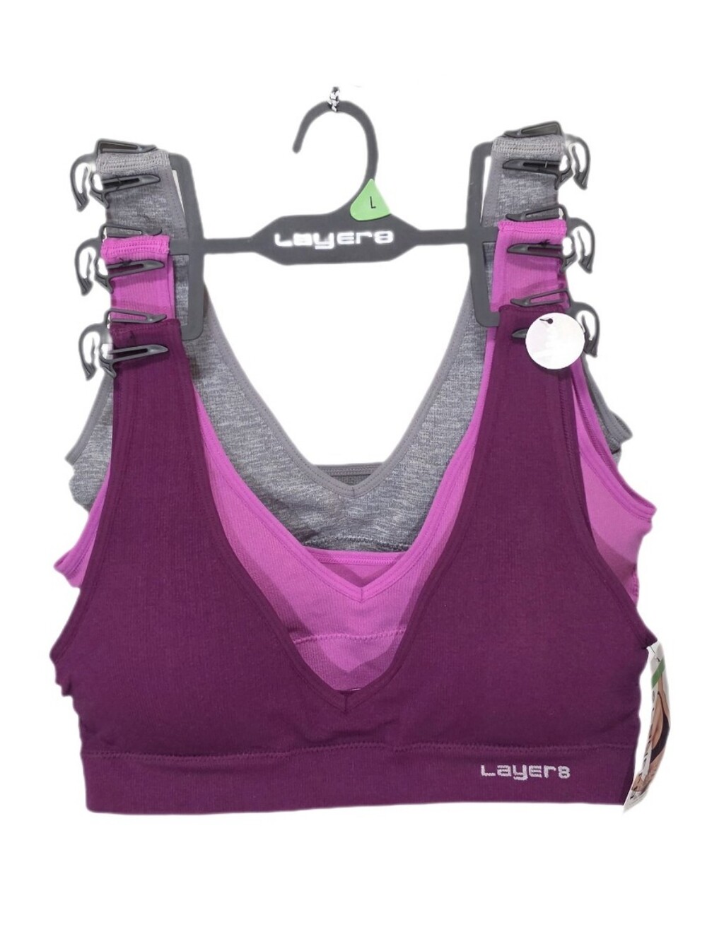 Layer 8 Wire Free Seamless 3-pack Ribbed Sport Bra V-Neck Removable Pad Size L